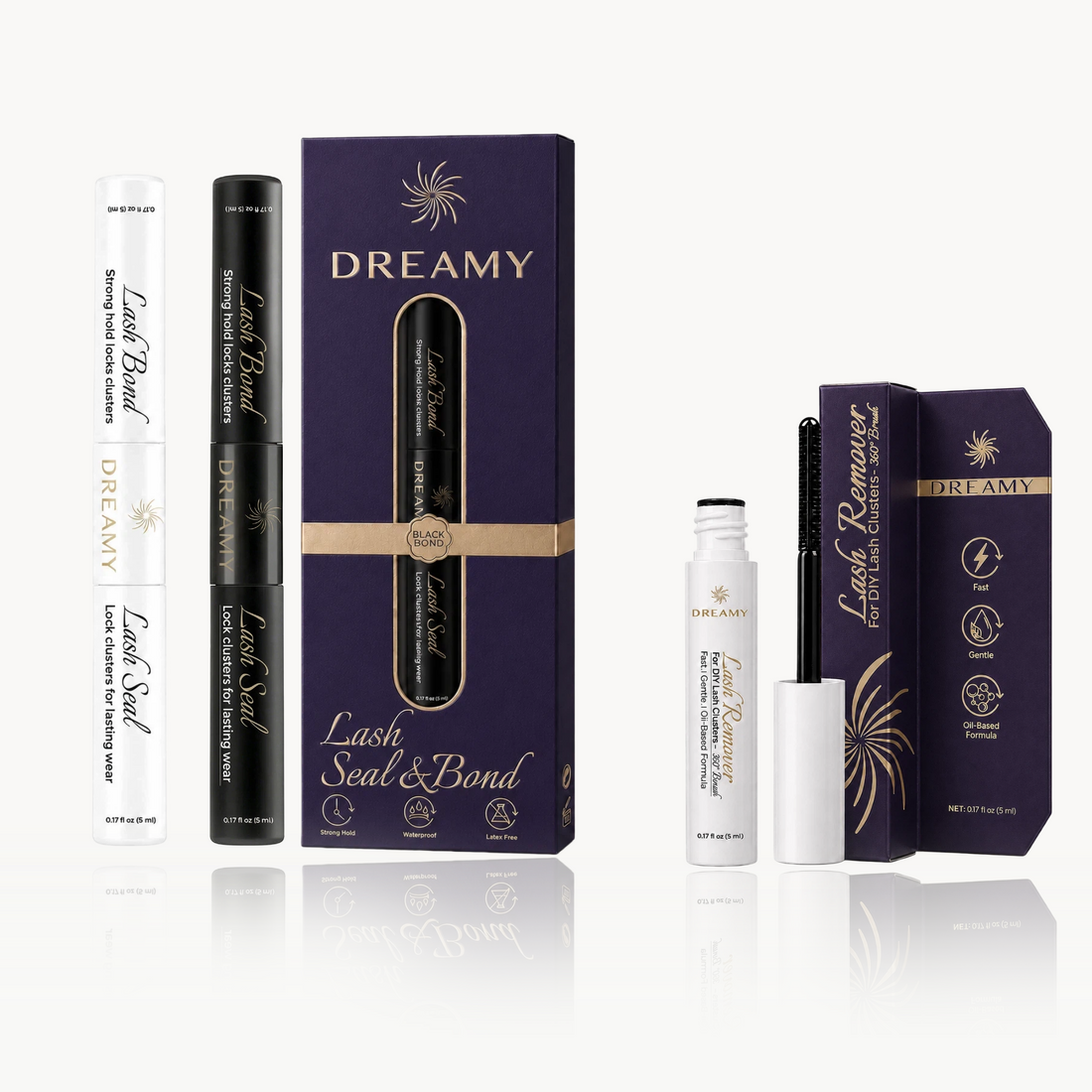 Black and clear DIY lash bond, seal and remover products