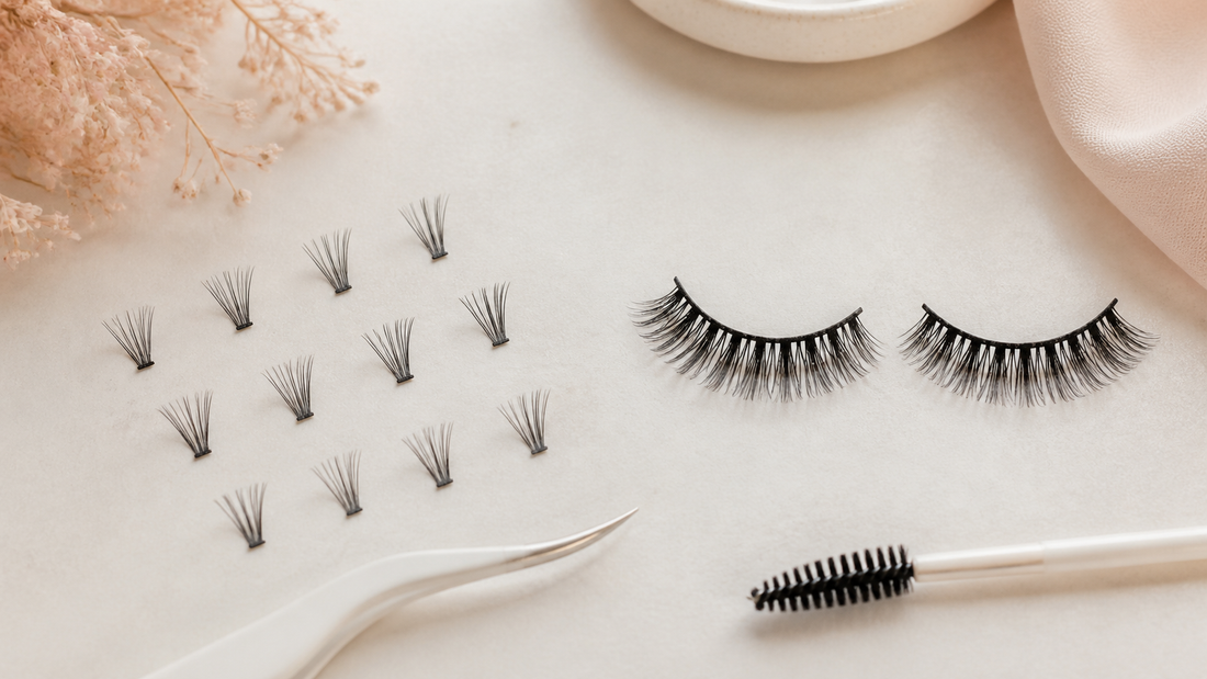 DIY lash clusters arranged beside a pair of strip lashes