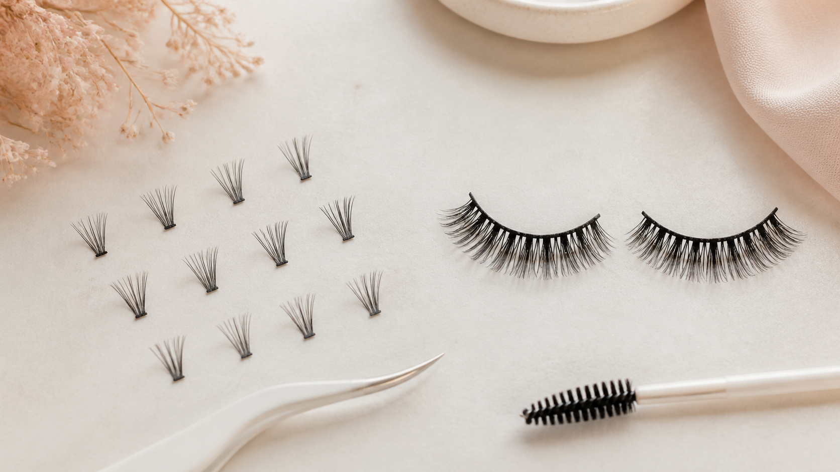 DIY lash clusters arranged beside a pair of strip lashes