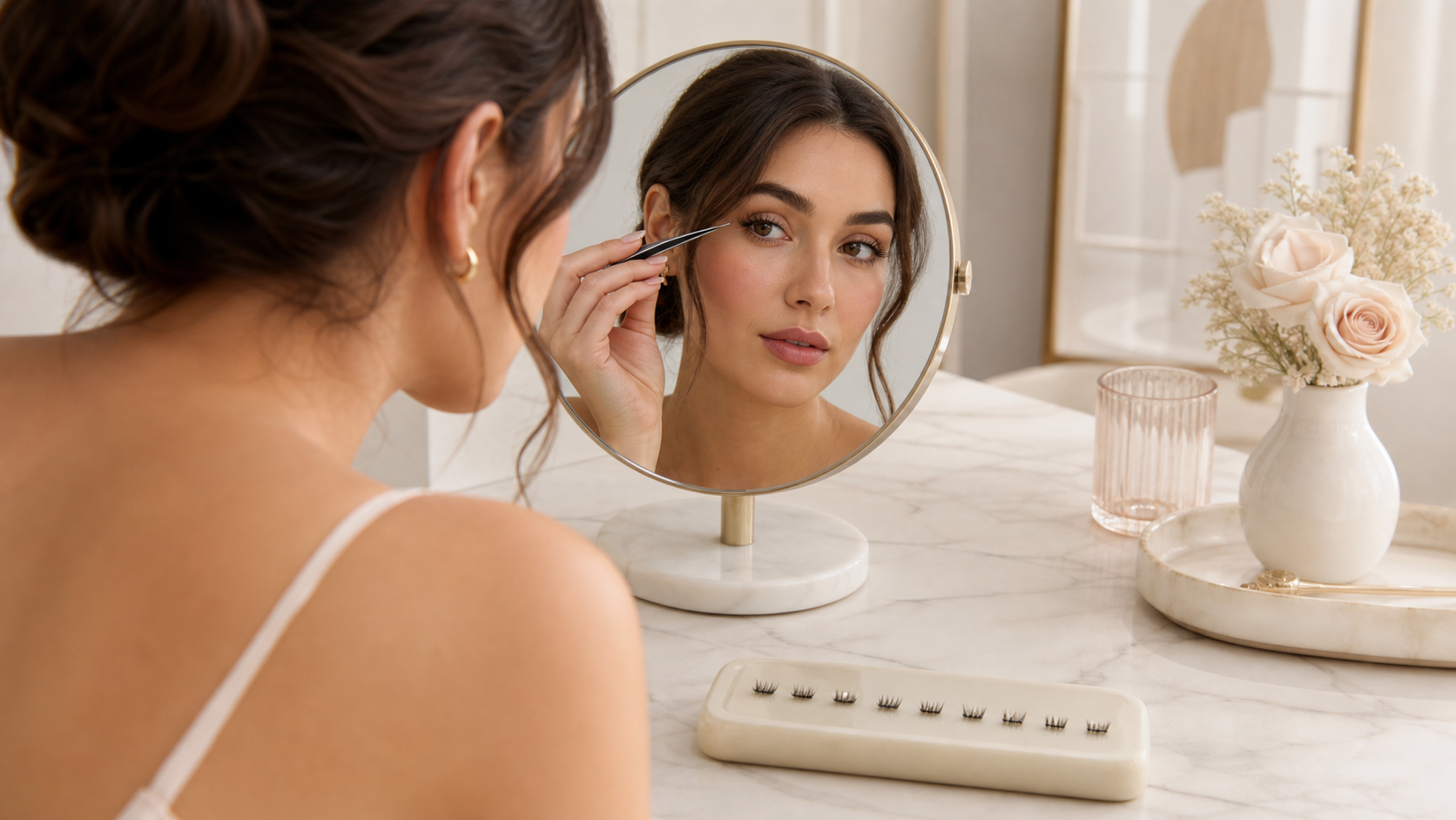 Woman choosing different lash cluster lengths for an eye shape map