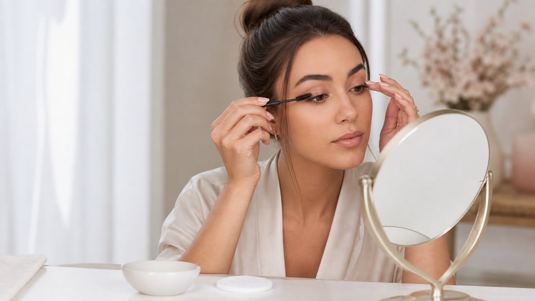 Woman gently brushing DIY lash clusters during a cleaning routine