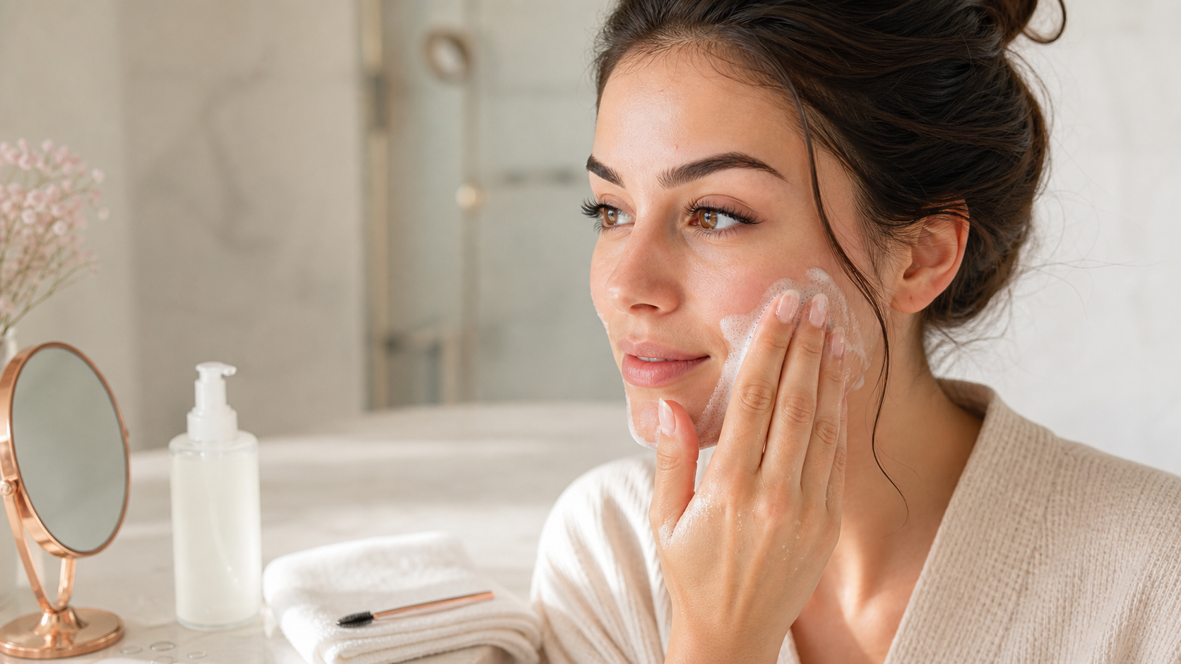 Woman gently cleansing her face while wearing DIY lash clusters
