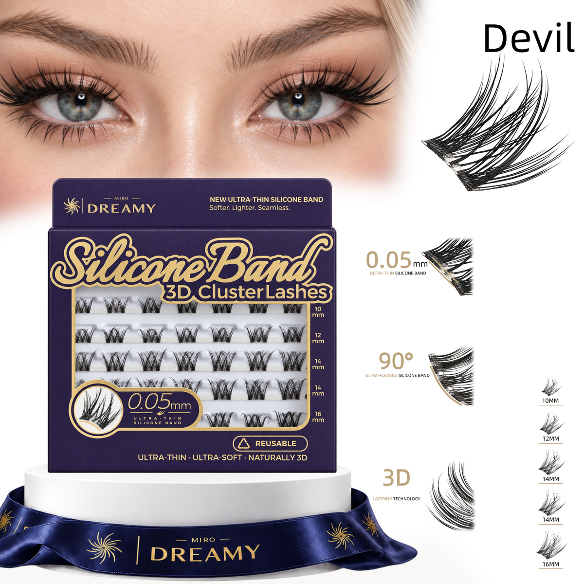 MIRO DREAMY Devil 3D Cluster Lashes – 0.05mm ultra-thin silicone band, flexible curl, 3D layering and multiple lash lengths