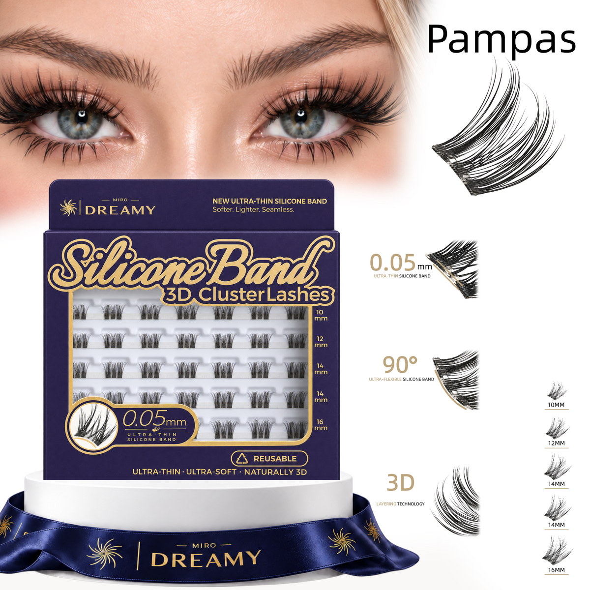 MIRO DREAMY Pampas 3D Cluster Lashes – product features, 0.05mm silicone band, flexible curl, layered fibers and multiple lash lengths