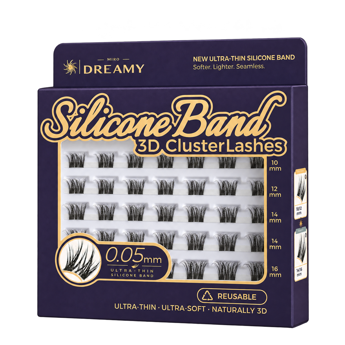 MIRO DREAMY Pampas 3D Cluster Lashes – purple and gold three-quarter front package view