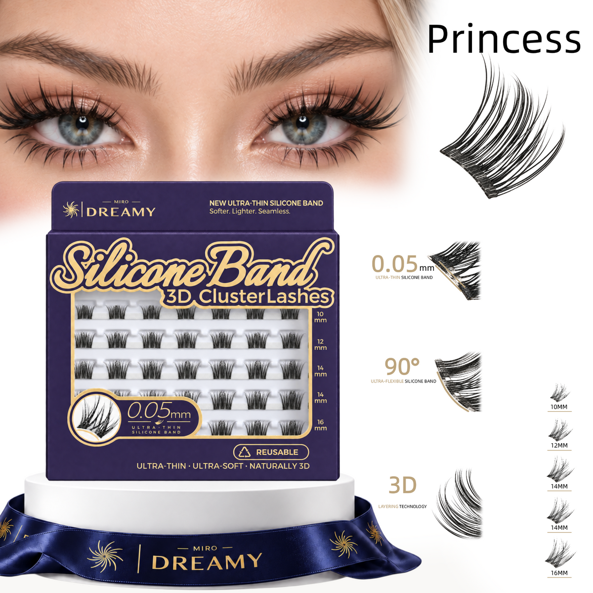 MIRO DREAMY Princess 3D Cluster Lashes product features, 0.05mm ultra-thin silicone band, flexible curl, 3D layering and lengths