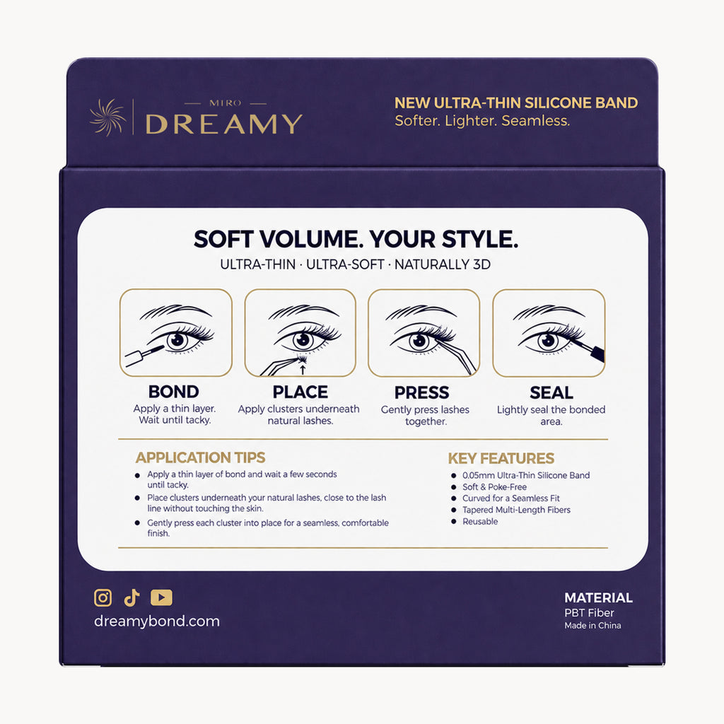 MIRO DREAMY Princess 3D Cluster Lashes back packaging with application instructions and key features