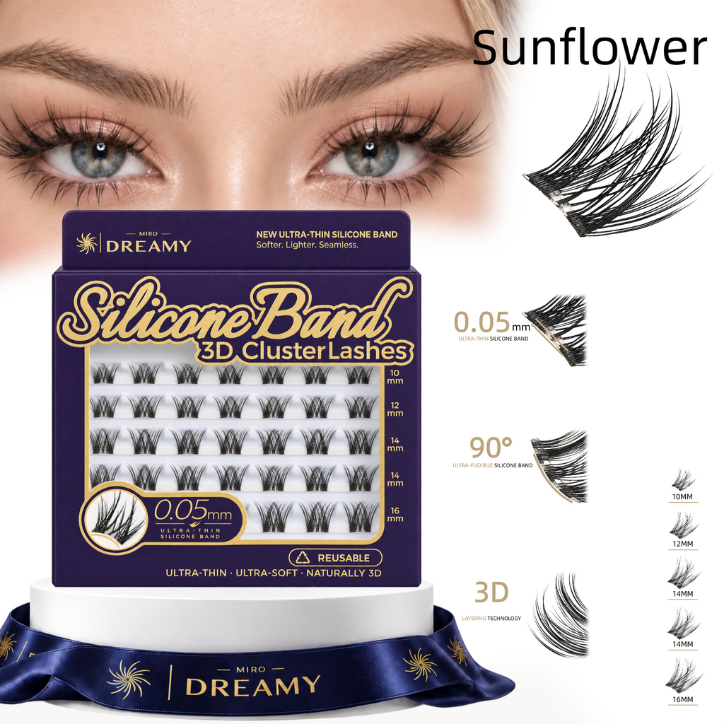 MIRO DREAMY Sunflower 3D Cluster Lashes features, 0.05mm ultra-thin silicone band, flexible curl and 3D layering
