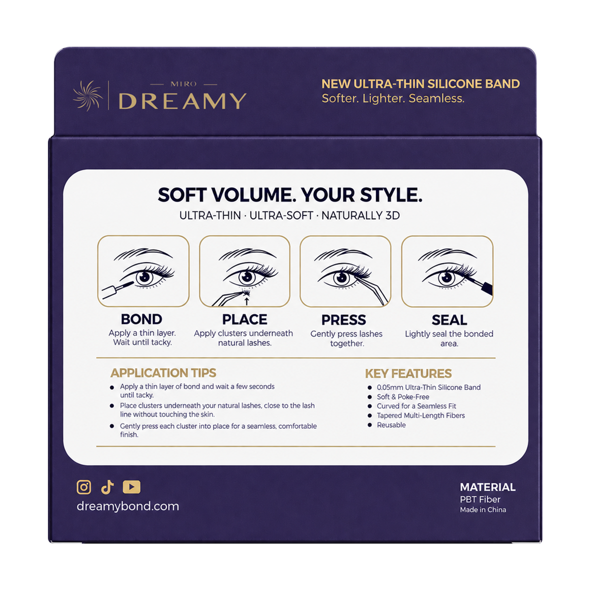 MIRO DREAMY Sunflower 3D Cluster Lashes back packaging, application instructions and material
