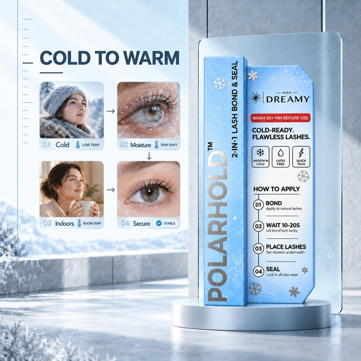 POLARHOLD Lash Bond - Cold to Warm application guidance